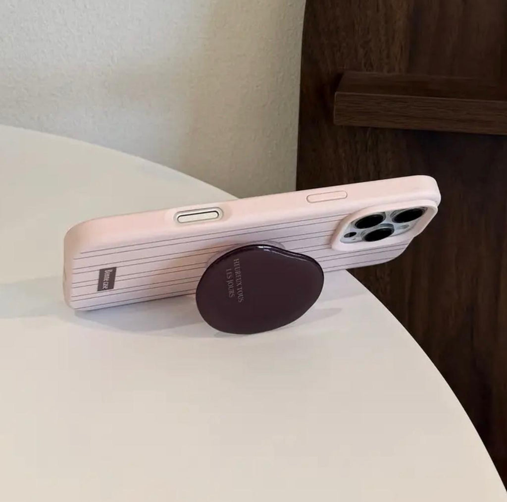 İphone pembe üzerine kahve dikey çizgili ve kahve çekirdeği tutucu aparatlı telefon kılıfı