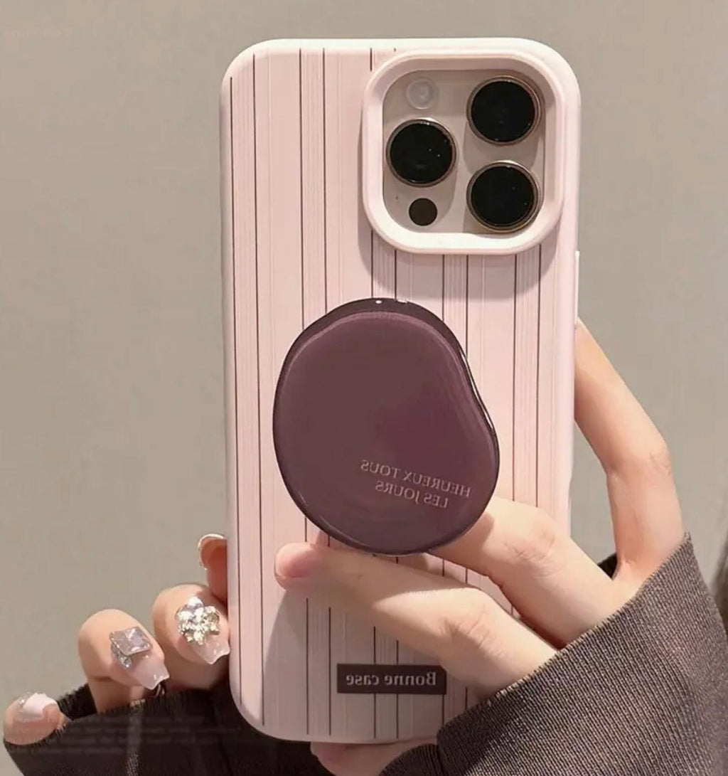 İphone pembe üzerine kahve dikey çizgili ve kahve çekirdeği tutucu aparatlı telefon kılıfı