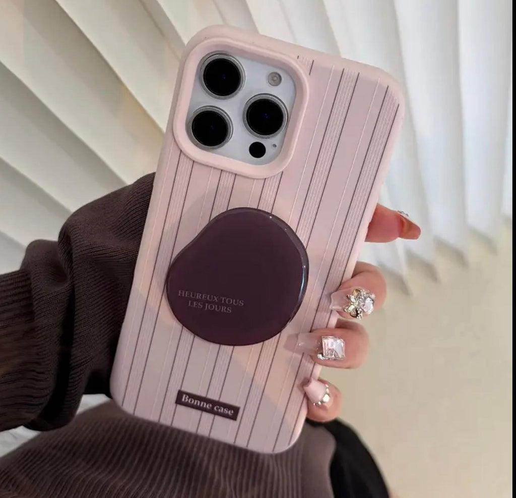 İphone pembe üzerine kahve dikey çizgili ve kahve çekirdeği tutucu aparatlı telefon kılıfı