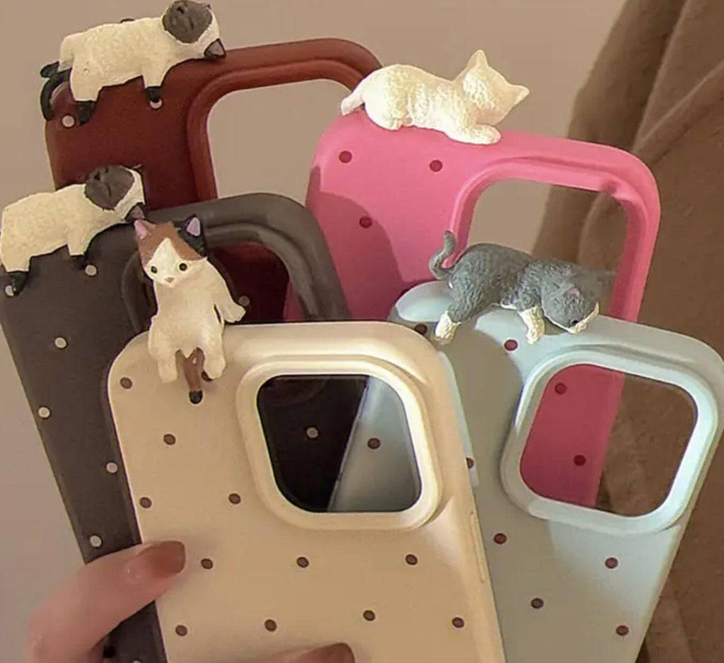 İphone Sevimli 3D Yatan Kedi Puantiyeli Tasarım Telefon Kılıfı