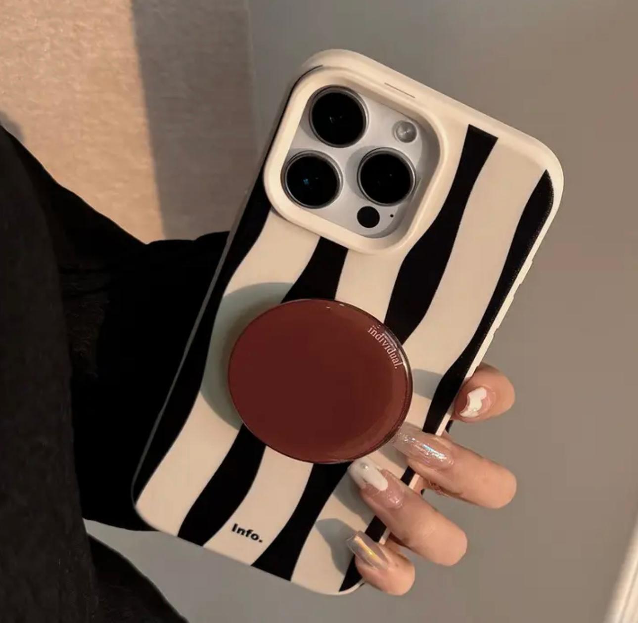 İphone zebra desenli kahve çekirdeği tutucu aparatlı telefon kılıfı